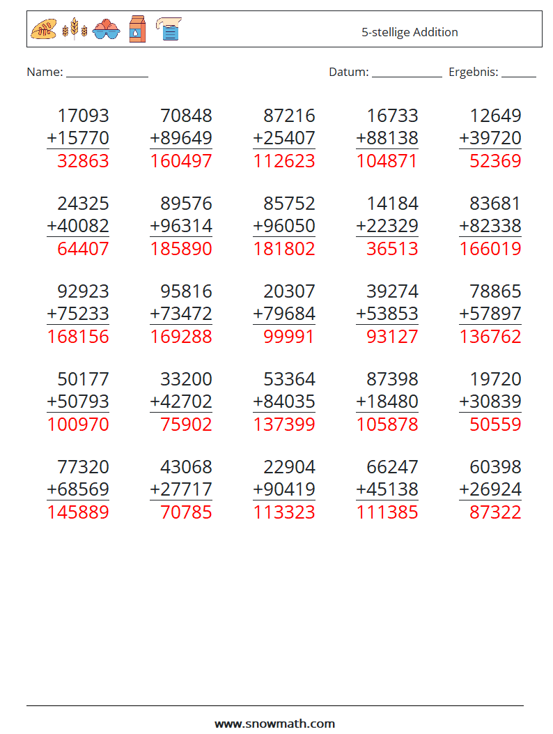 (25) 5-stellige Addition Mathe-Arbeitsblätter 4 Frage, Antwort