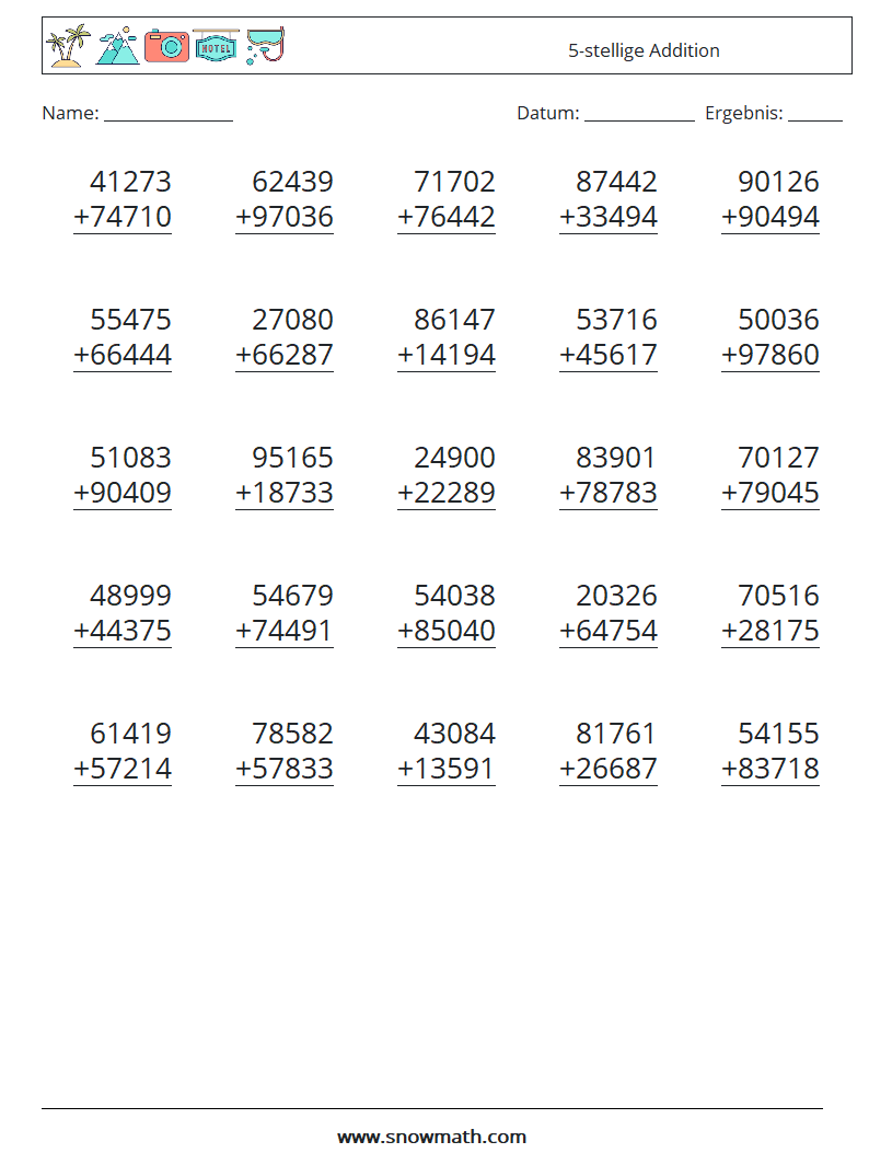 (25) 5-stellige Addition Mathe-Arbeitsblätter 5