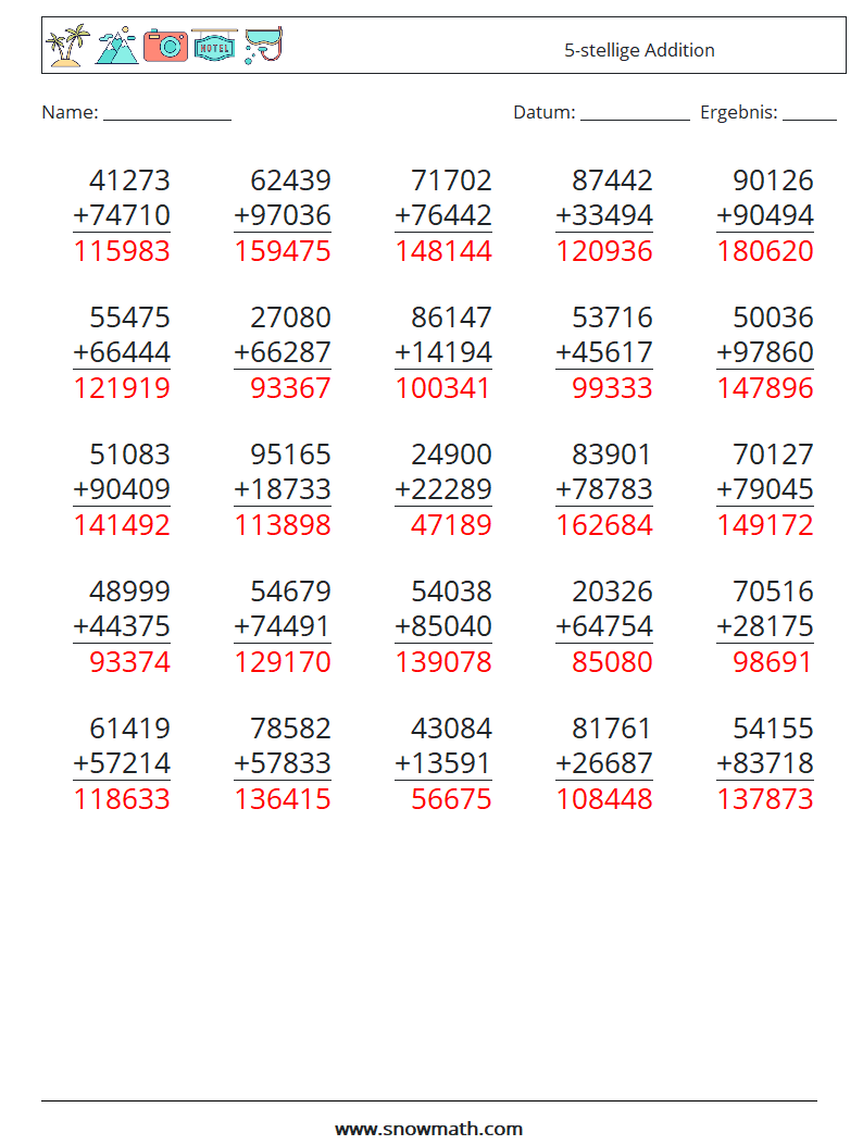 (25) 5-stellige Addition Mathe-Arbeitsblätter 5 Frage, Antwort