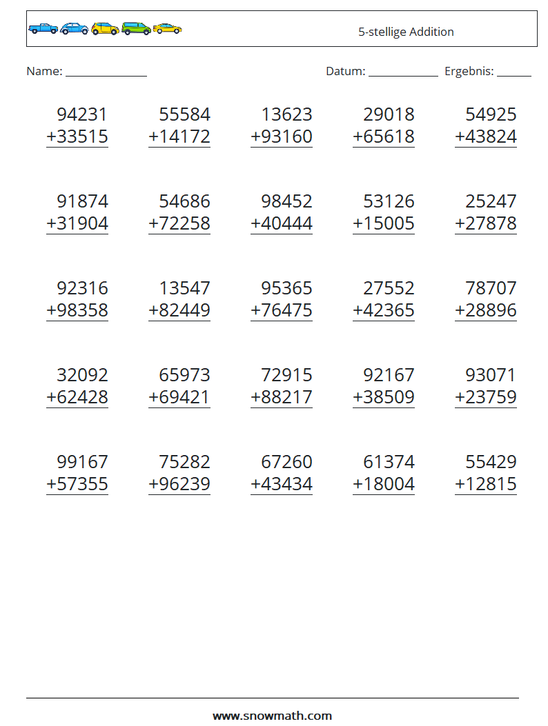 (25) 5-stellige Addition Mathe-Arbeitsblätter 6