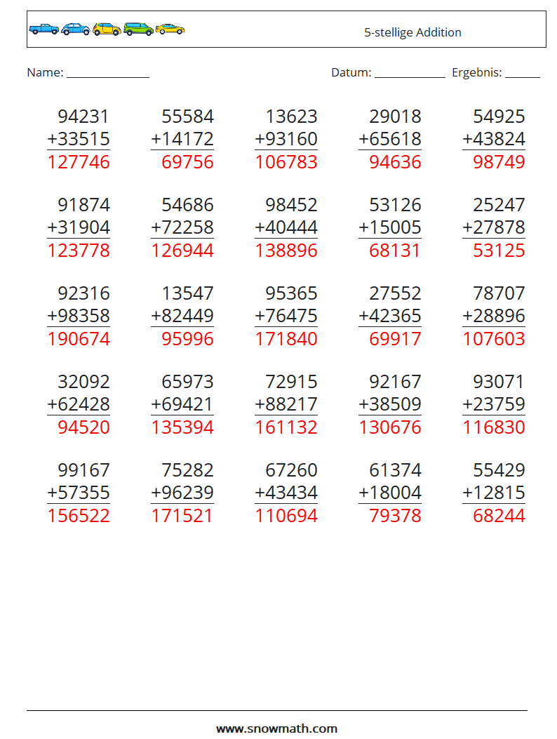 (25) 5-stellige Addition Mathe-Arbeitsblätter 6 Frage, Antwort