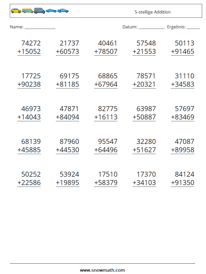 (25) 5-stellige Addition Mathe-Arbeitsblätter 7