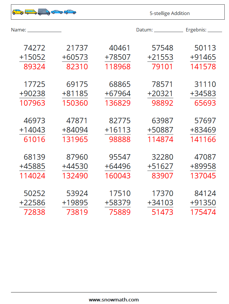 (25) 5-stellige Addition Mathe-Arbeitsblätter 7 Frage, Antwort