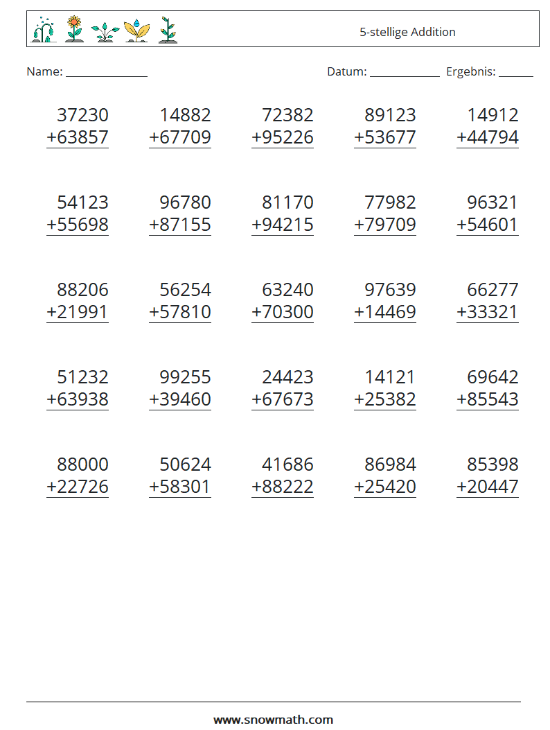 (25) 5-stellige Addition Mathe-Arbeitsblätter 8