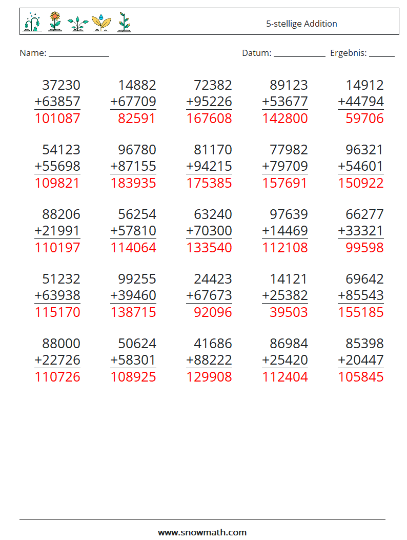 (25) 5-stellige Addition Mathe-Arbeitsblätter 8 Frage, Antwort