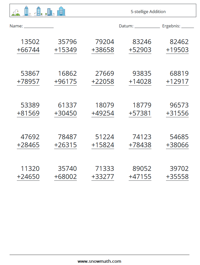 (25) 5-stellige Addition Mathe-Arbeitsblätter 9