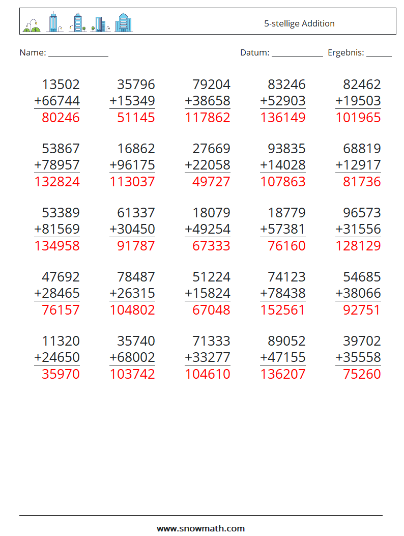 (25) 5-stellige Addition Mathe-Arbeitsblätter 9 Frage, Antwort