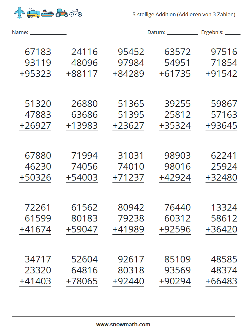 (25) 5-stellige Addition (Addieren von 3 Zahlen) Mathe-Arbeitsblätter 1