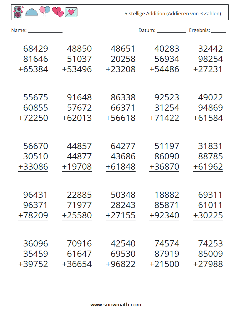 (25) 5-stellige Addition (Addieren von 3 Zahlen) Mathe-Arbeitsblätter 11