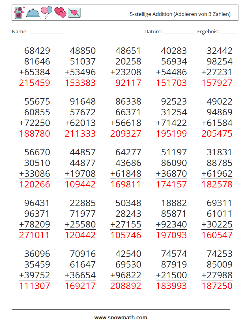 (25) 5-stellige Addition (Addieren von 3 Zahlen) Mathe-Arbeitsblätter 11 Frage, Antwort