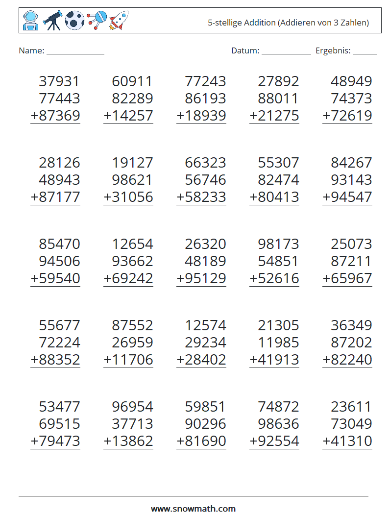 (25) 5-stellige Addition (Addieren von 3 Zahlen) Mathe-Arbeitsblätter 12