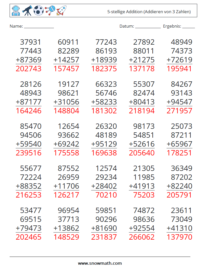 (25) 5-stellige Addition (Addieren von 3 Zahlen) Mathe-Arbeitsblätter 12 Frage, Antwort