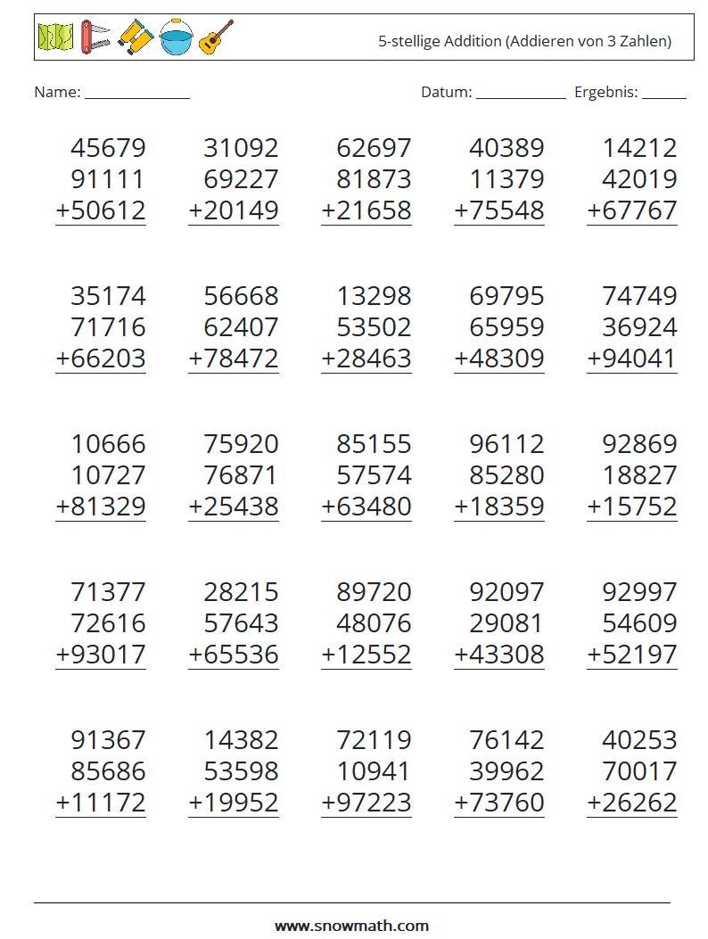 (25) 5-stellige Addition (Addieren von 3 Zahlen) Mathe-Arbeitsblätter 13