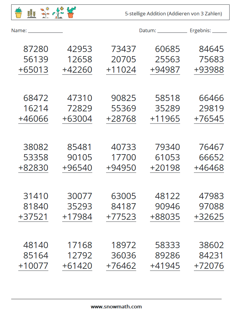 (25) 5-stellige Addition (Addieren von 3 Zahlen) Mathe-Arbeitsblätter 14