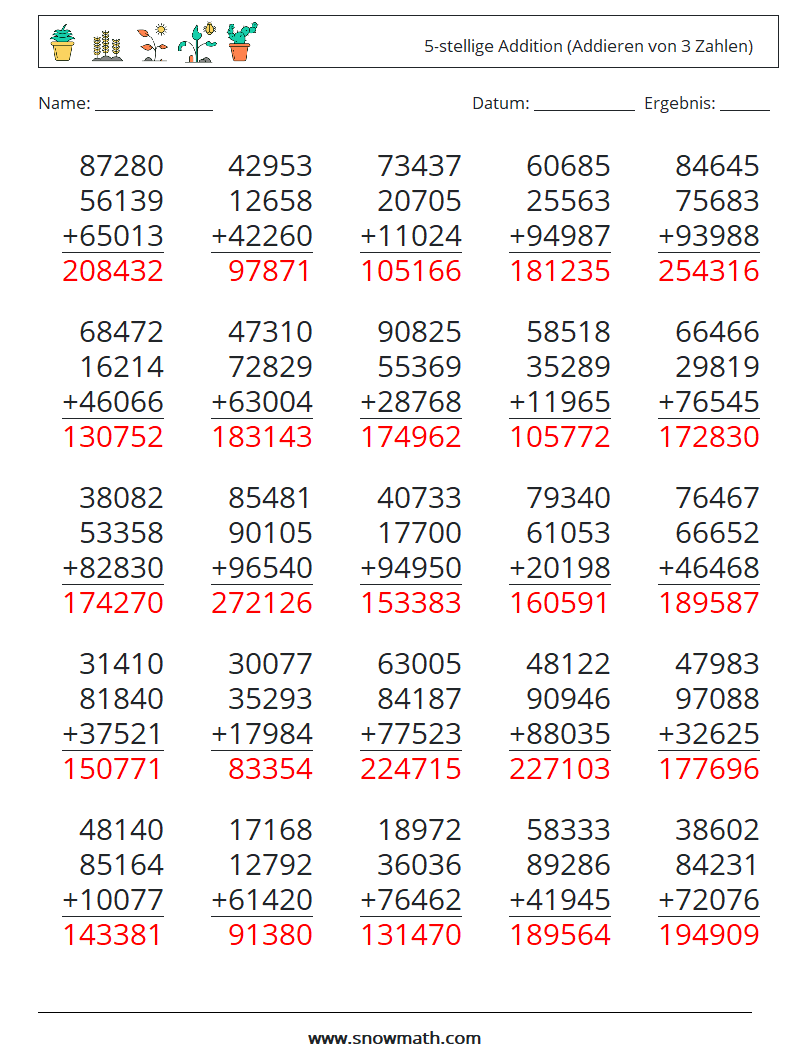 (25) 5-stellige Addition (Addieren von 3 Zahlen) Mathe-Arbeitsblätter 14 Frage, Antwort