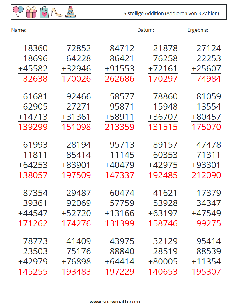 (25) 5-stellige Addition (Addieren von 3 Zahlen) Mathe-Arbeitsblätter 15 Frage, Antwort