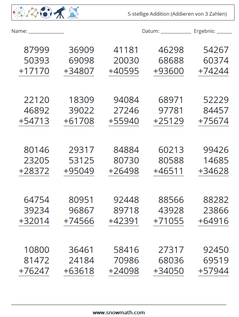 (25) 5-stellige Addition (Addieren von 3 Zahlen) Mathe-Arbeitsblätter 16