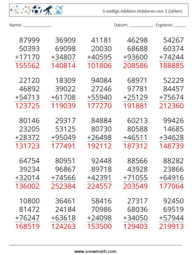 (25) 5-stellige Addition (Addieren von 3 Zahlen) Mathe-Arbeitsblätter 16 Frage, Antwort