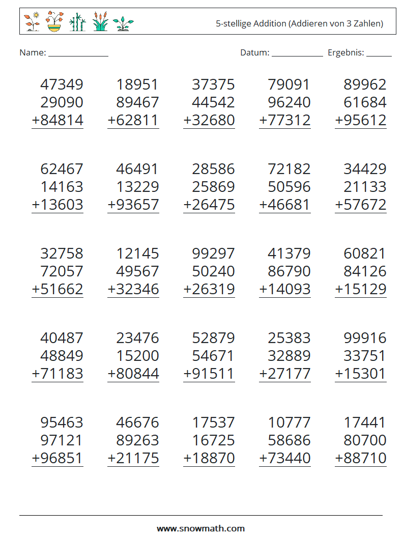 (25) 5-stellige Addition (Addieren von 3 Zahlen) Mathe-Arbeitsblätter 18