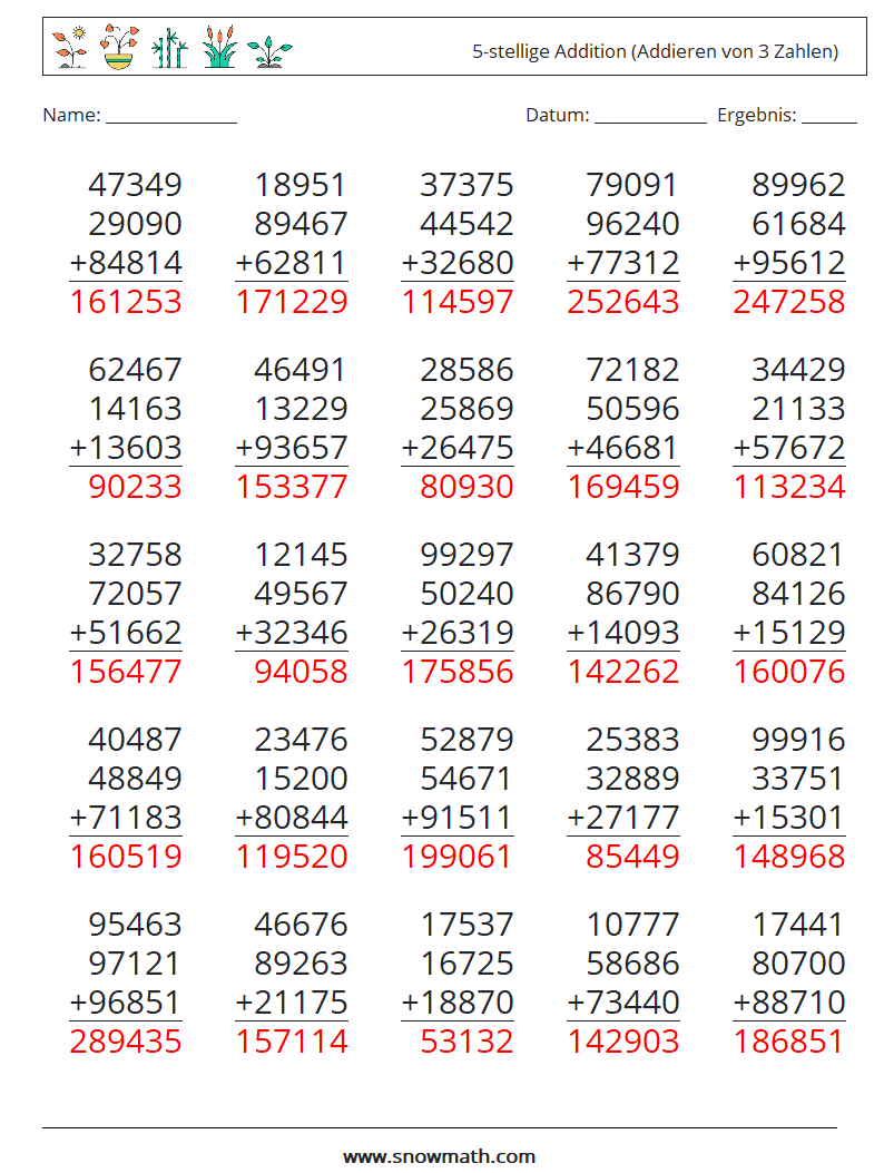 (25) 5-stellige Addition (Addieren von 3 Zahlen) Mathe-Arbeitsblätter 18 Frage, Antwort