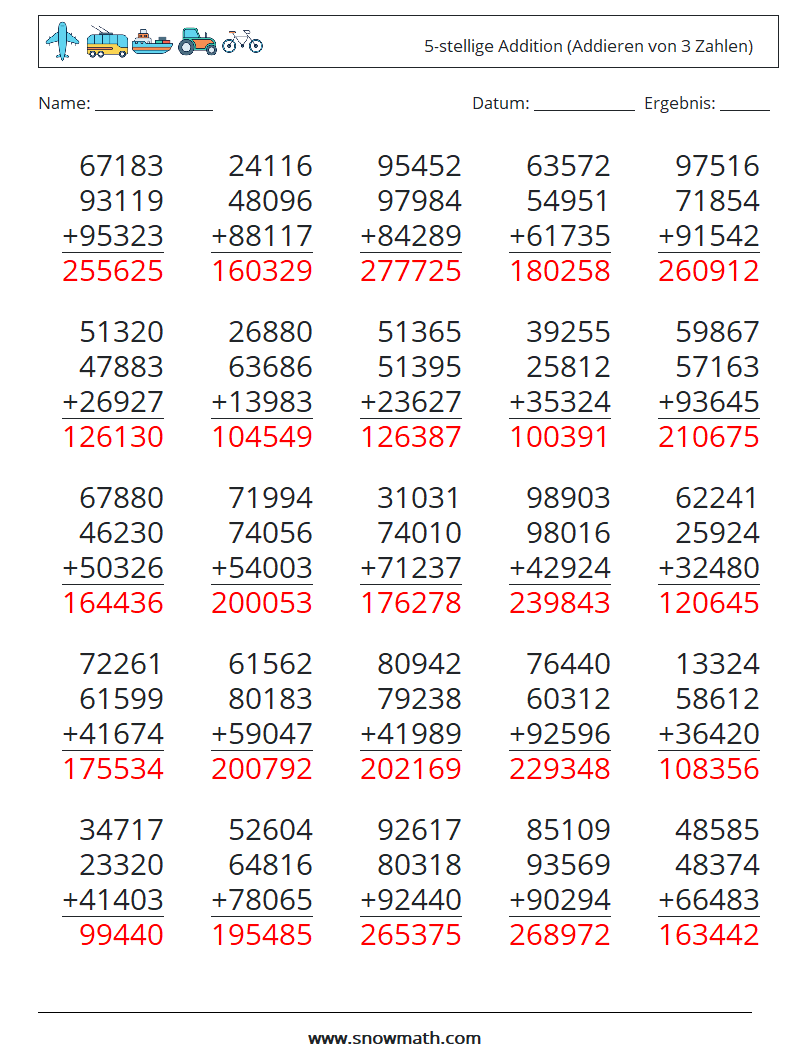 (25) 5-stellige Addition (Addieren von 3 Zahlen) Mathe-Arbeitsblätter 1 Frage, Antwort