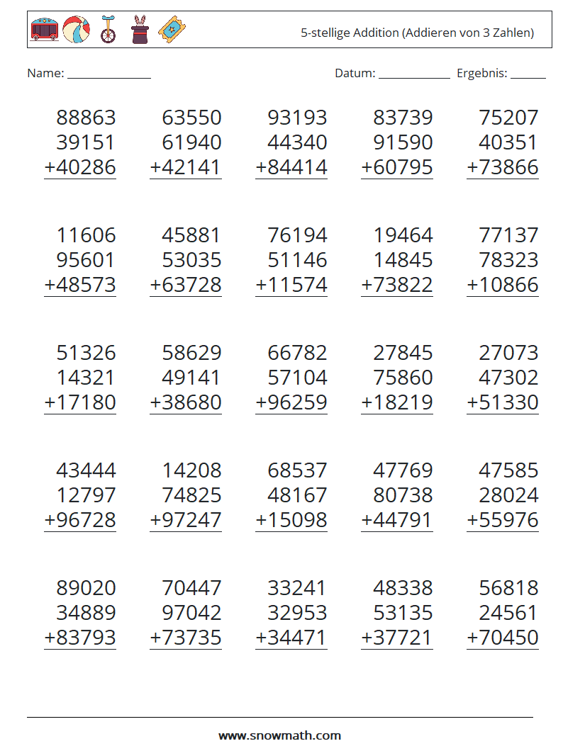 (25) 5-stellige Addition (Addieren von 3 Zahlen) Mathe-Arbeitsblätter 2