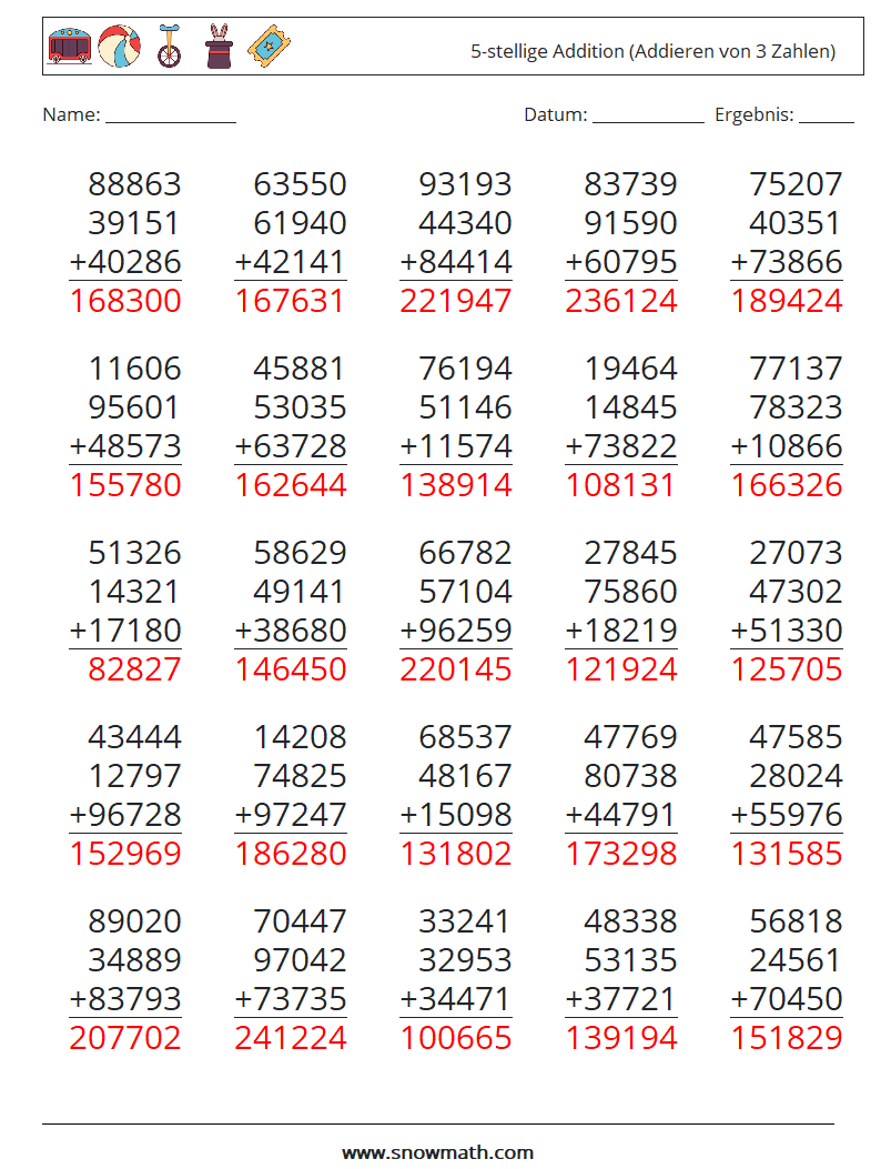 (25) 5-stellige Addition (Addieren von 3 Zahlen) Mathe-Arbeitsblätter 2 Frage, Antwort