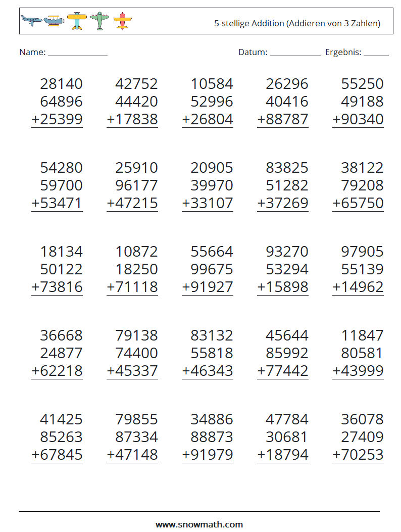 (25) 5-stellige Addition (Addieren von 3 Zahlen) Mathe-Arbeitsblätter 3