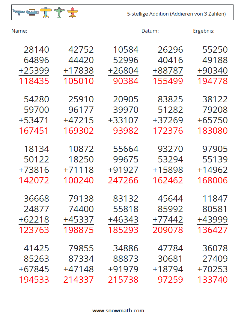 (25) 5-stellige Addition (Addieren von 3 Zahlen) Mathe-Arbeitsblätter 3 Frage, Antwort