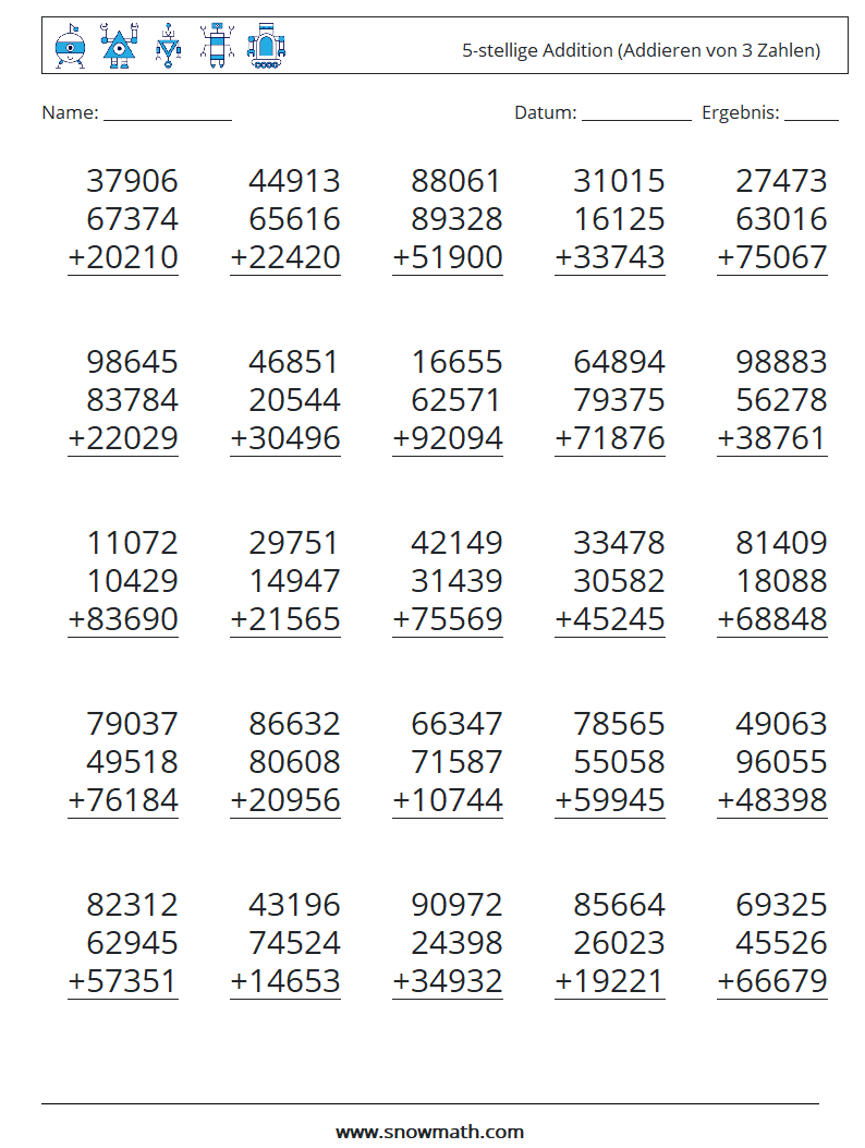 (25) 5-stellige Addition (Addieren von 3 Zahlen) Mathe-Arbeitsblätter 4