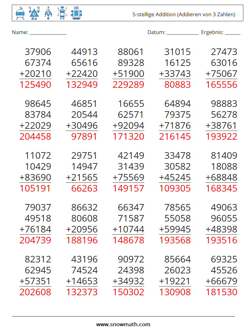 (25) 5-stellige Addition (Addieren von 3 Zahlen) Mathe-Arbeitsblätter 4 Frage, Antwort