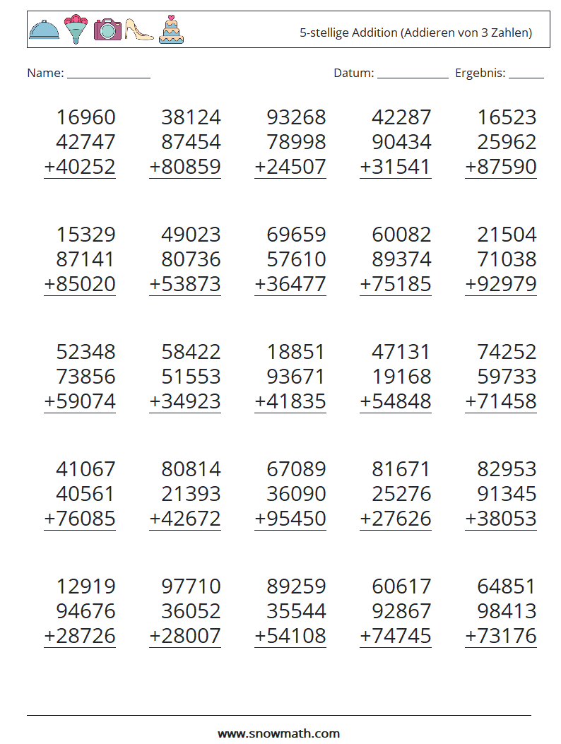 (25) 5-stellige Addition (Addieren von 3 Zahlen) Mathe-Arbeitsblätter 5