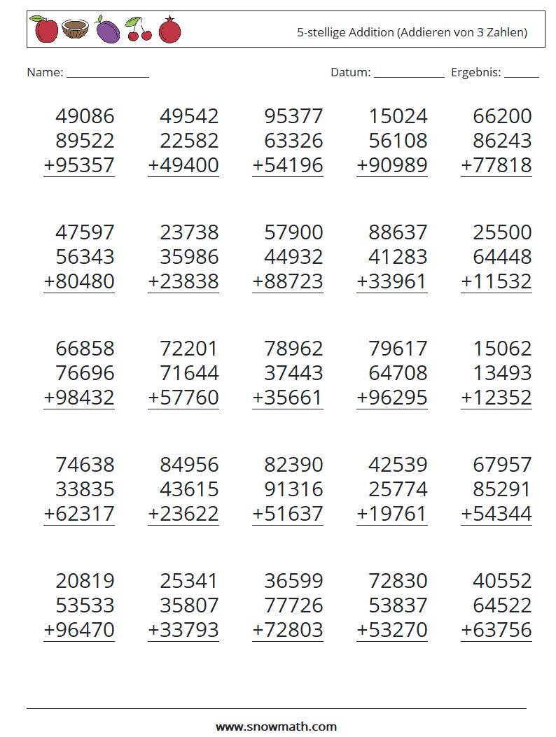 (25) 5-stellige Addition (Addieren von 3 Zahlen) Mathe-Arbeitsblätter 6