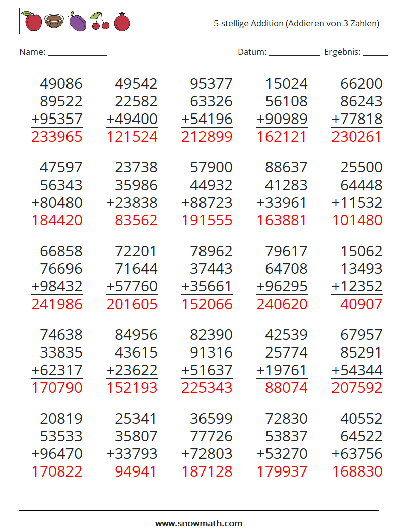 (25) 5-stellige Addition (Addieren von 3 Zahlen) Mathe-Arbeitsblätter 6 Frage, Antwort