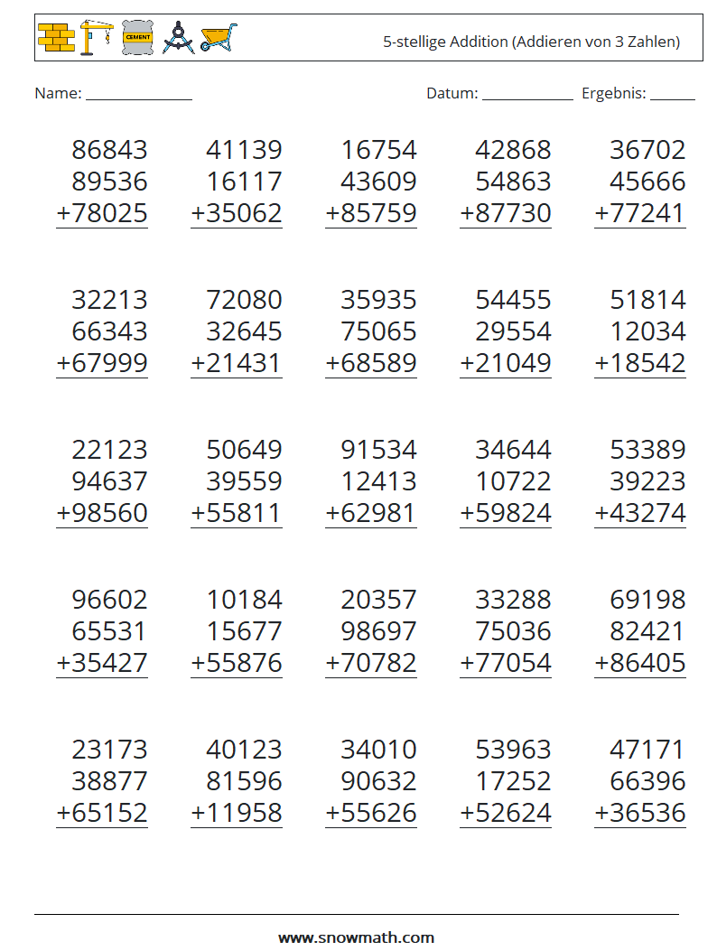 (25) 5-stellige Addition (Addieren von 3 Zahlen) Mathe-Arbeitsblätter 7