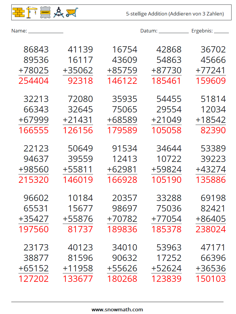 (25) 5-stellige Addition (Addieren von 3 Zahlen) Mathe-Arbeitsblätter 7 Frage, Antwort