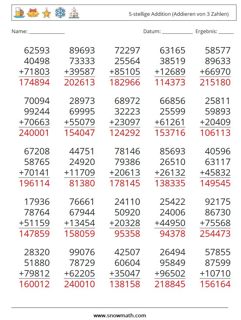 (25) 5-stellige Addition (Addieren von 3 Zahlen) Mathe-Arbeitsblätter 8 Frage, Antwort