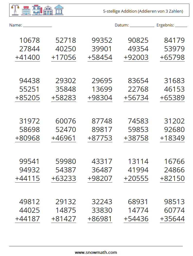 (25) 5-stellige Addition (Addieren von 3 Zahlen) Mathe-Arbeitsblätter 9