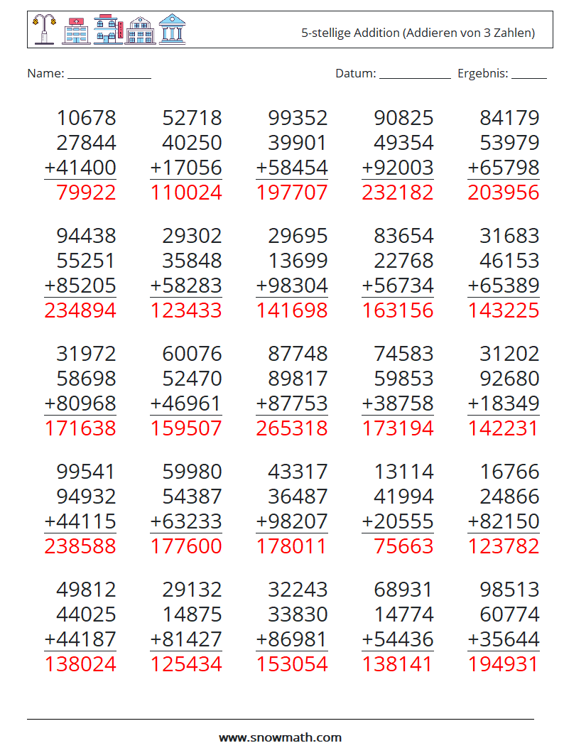 (25) 5-stellige Addition (Addieren von 3 Zahlen) Mathe-Arbeitsblätter 9 Frage, Antwort