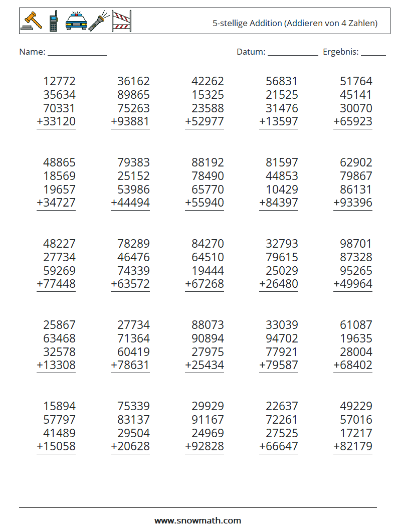 (25) 5-stellige Addition (Addieren von 4 Zahlen) Mathe-Arbeitsblätter 1