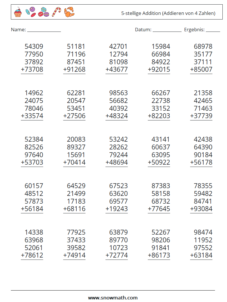 (25) 5-stellige Addition (Addieren von 4 Zahlen) Mathe-Arbeitsblätter 12