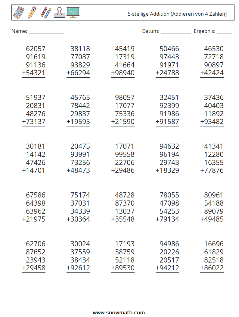 (25) 5-stellige Addition (Addieren von 4 Zahlen) Mathe-Arbeitsblätter 13