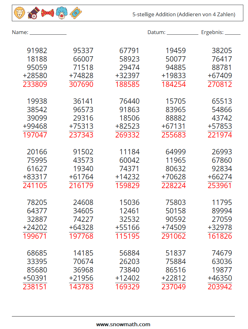 (25) 5-stellige Addition (Addieren von 4 Zahlen) Mathe-Arbeitsblätter 15 Frage, Antwort