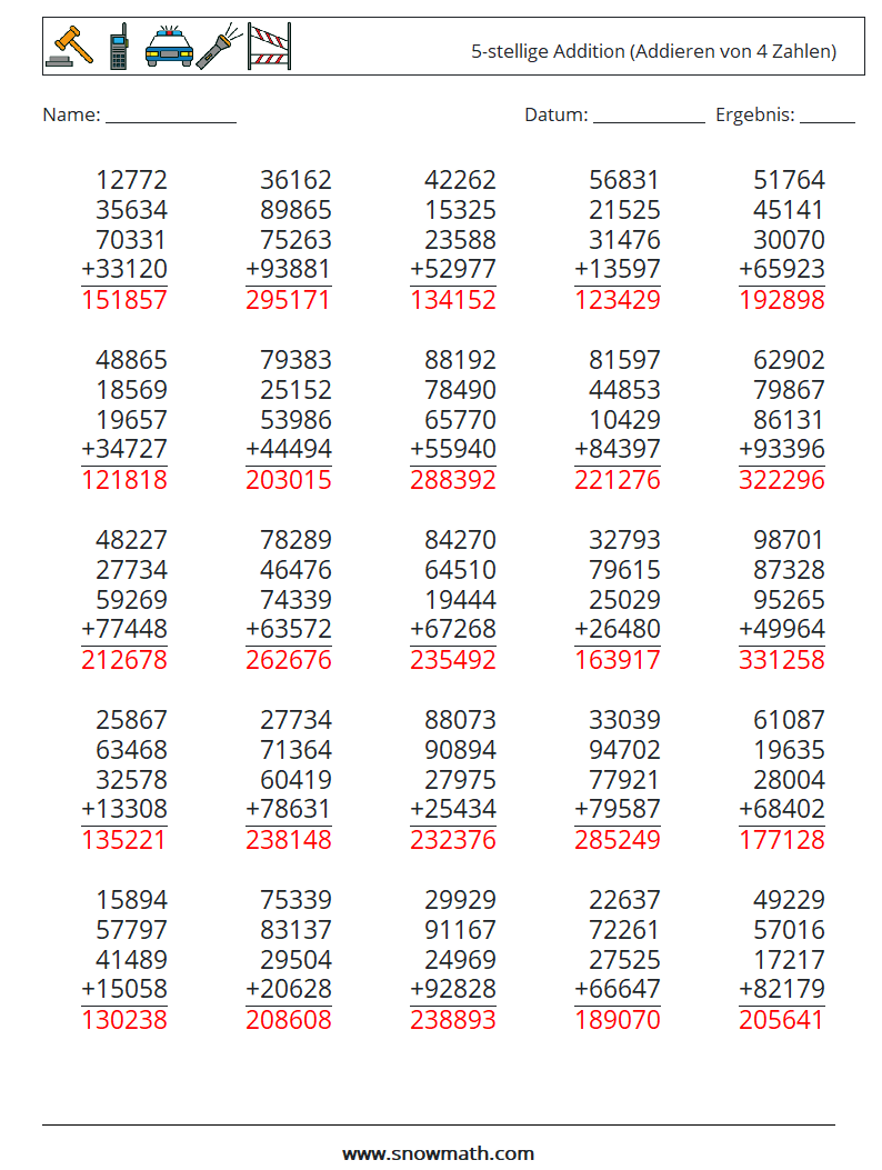 (25) 5-stellige Addition (Addieren von 4 Zahlen) Mathe-Arbeitsblätter 1 Frage, Antwort