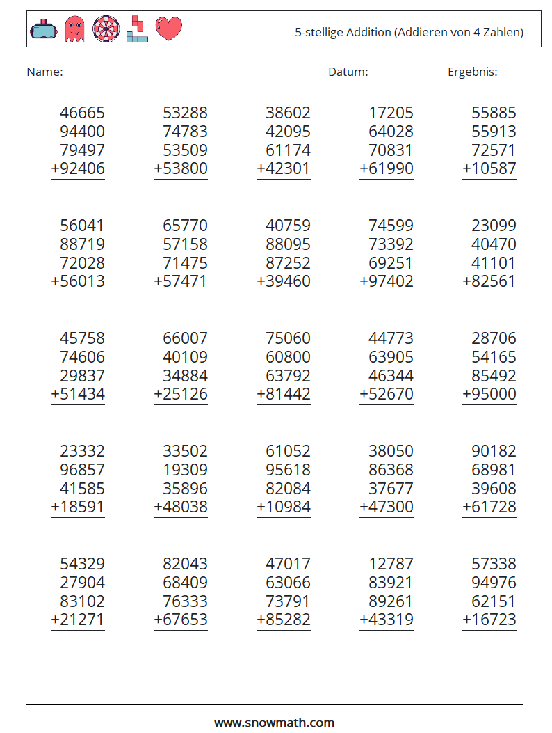 (25) 5-stellige Addition (Addieren von 4 Zahlen) Mathe-Arbeitsblätter 2