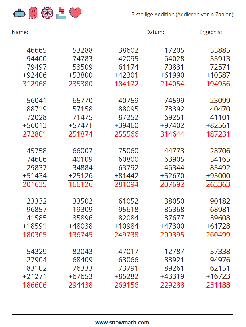 (25) 5-stellige Addition (Addieren von 4 Zahlen) Mathe-Arbeitsblätter 2 Frage, Antwort