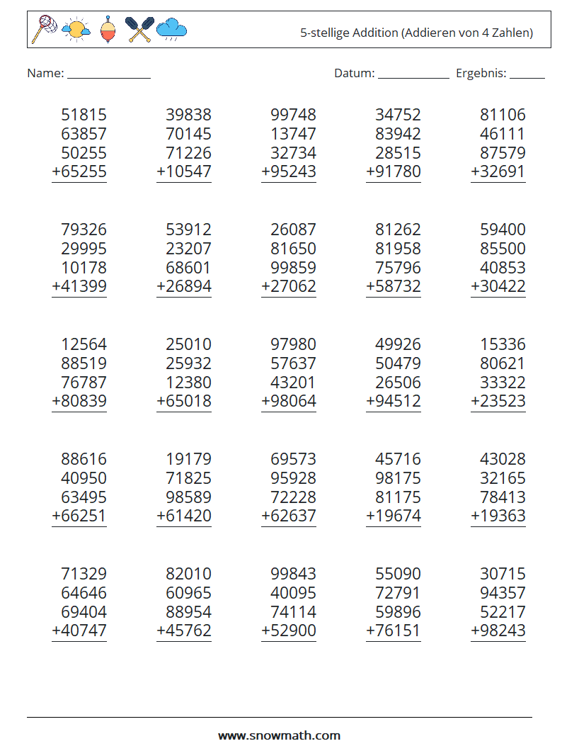 (25) 5-stellige Addition (Addieren von 4 Zahlen) Mathe-Arbeitsblätter 3