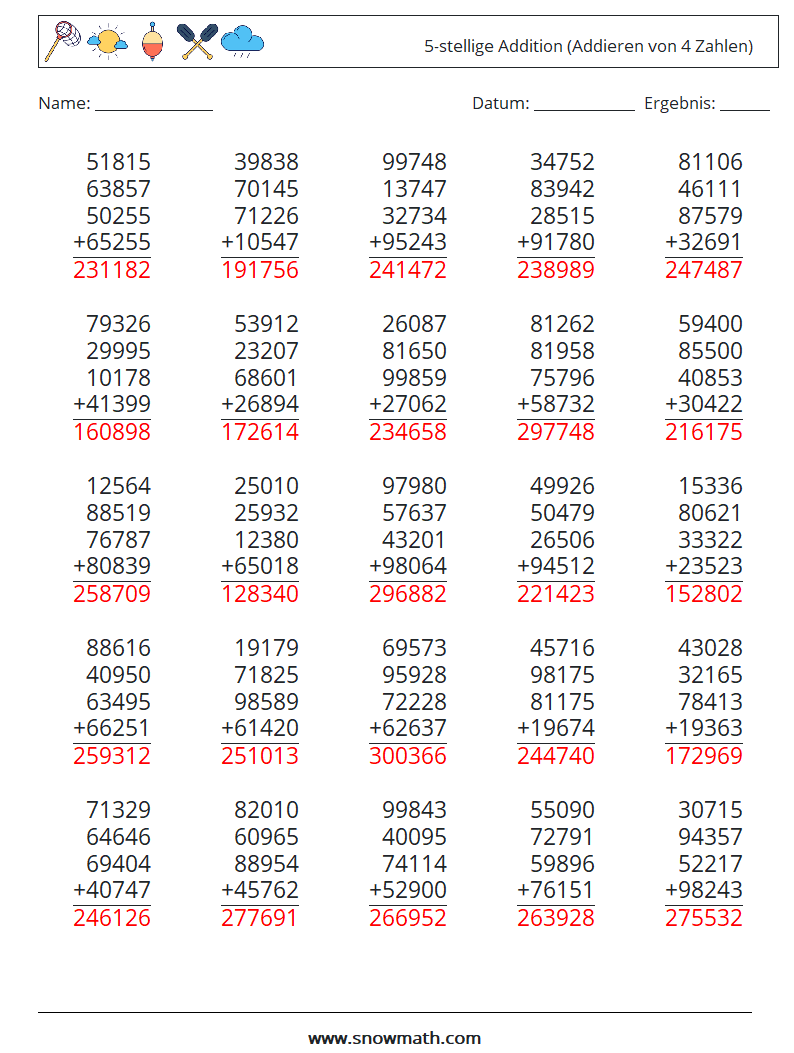 (25) 5-stellige Addition (Addieren von 4 Zahlen) Mathe-Arbeitsblätter 3 Frage, Antwort