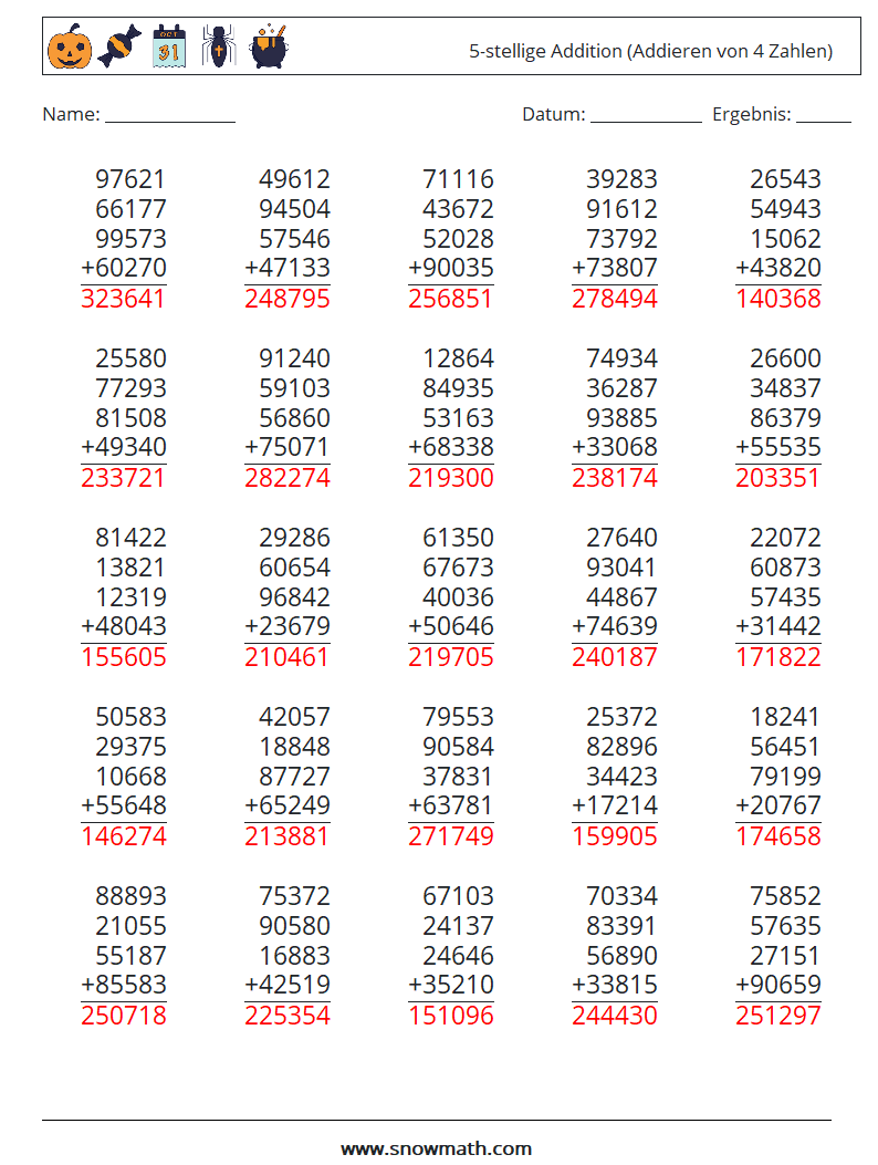 (25) 5-stellige Addition (Addieren von 4 Zahlen) Mathe-Arbeitsblätter 4 Frage, Antwort