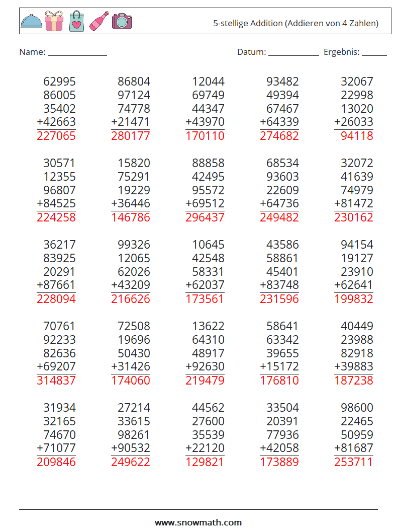 (25) 5-stellige Addition (Addieren von 4 Zahlen) Mathe-Arbeitsblätter 5 Frage, Antwort